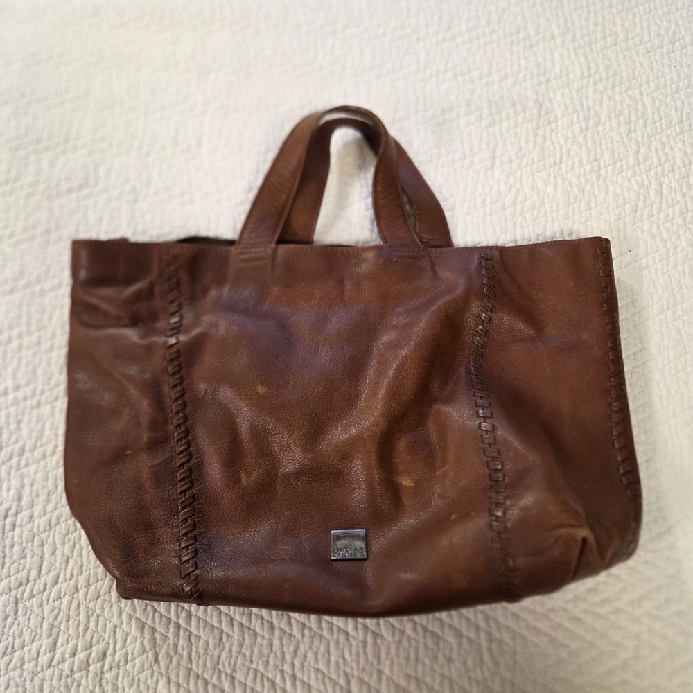 Kooba Brown Leather Tote Bag Whipstitch Detail Zipper Closure Large Satchel